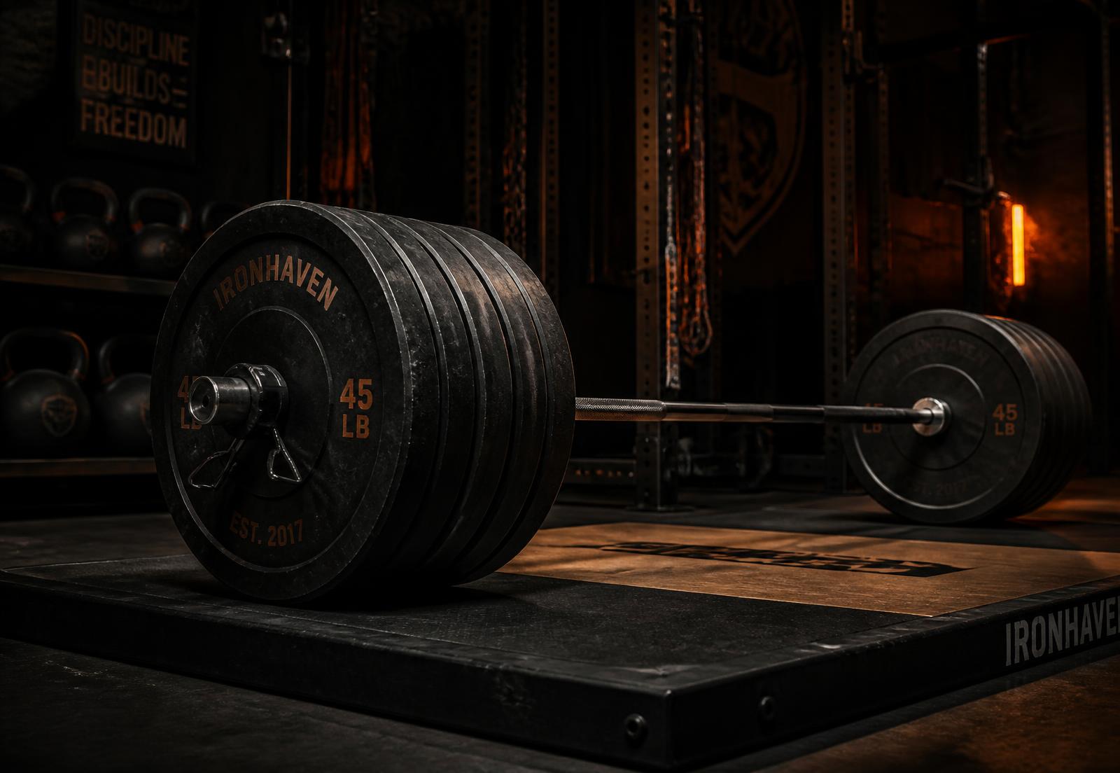 Loaded barbell on a lifting platform in the Ironforge gym